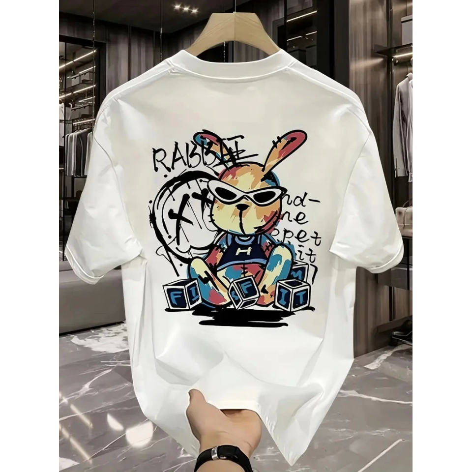 Baskılı Oversize Bisiklet Yaka T-shirt - Beyaz