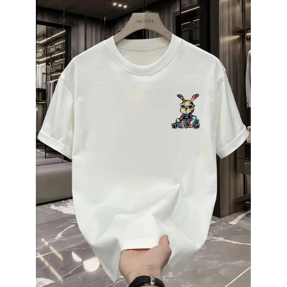 Baskılı Oversize Bisiklet Yaka T-shirt - Beyaz