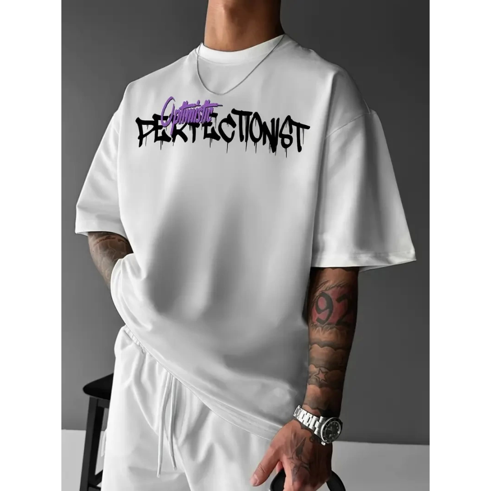 Baskılı Oversize Bisiklet Yaka T-shirt - Beyaz