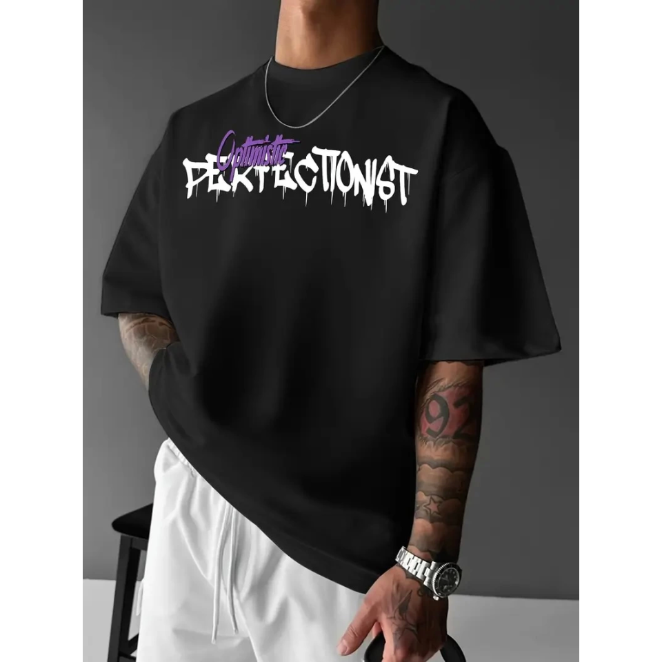 Baskılı Oversize Bisiklet Yaka T-shirt - Siyah
