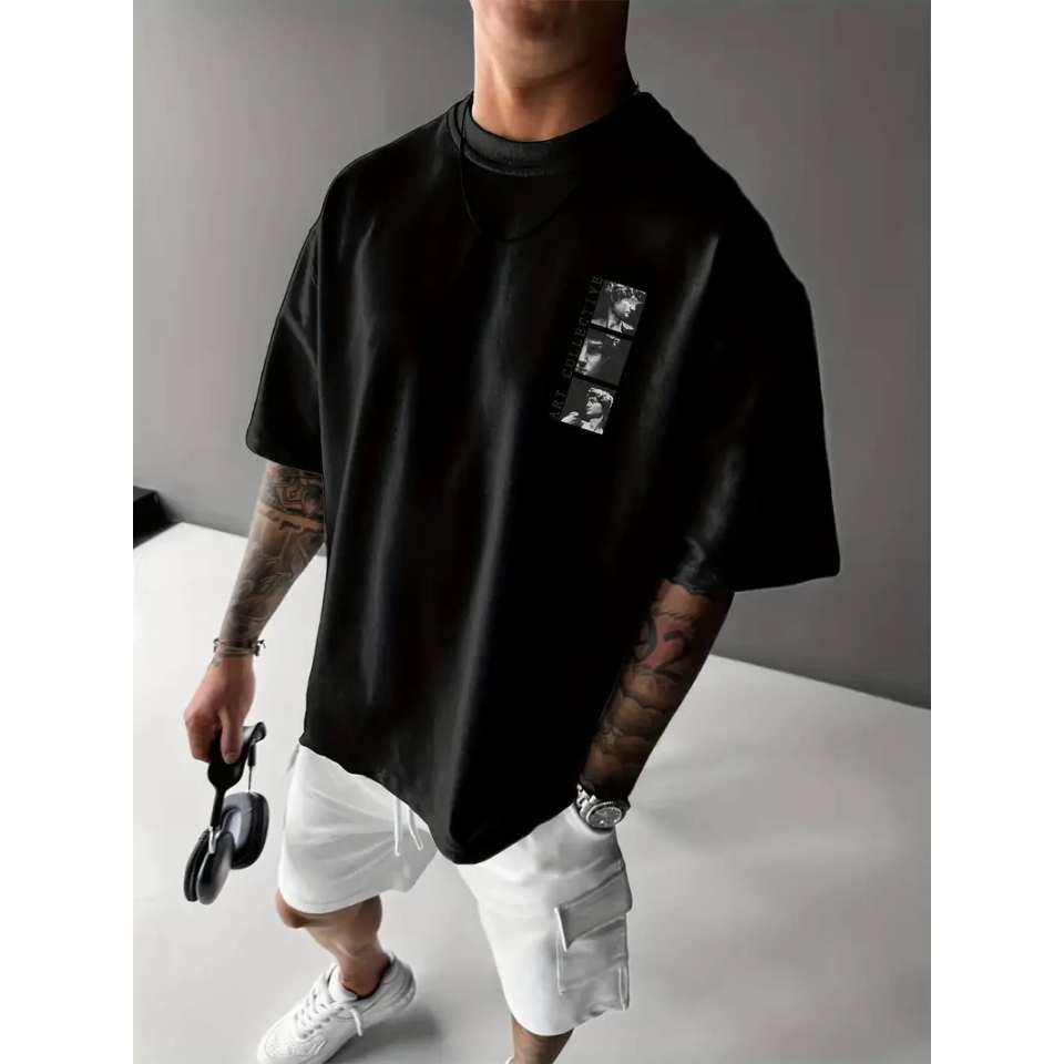 Baskılı Oversize Bisiklet Yaka T-shirt - Siyah