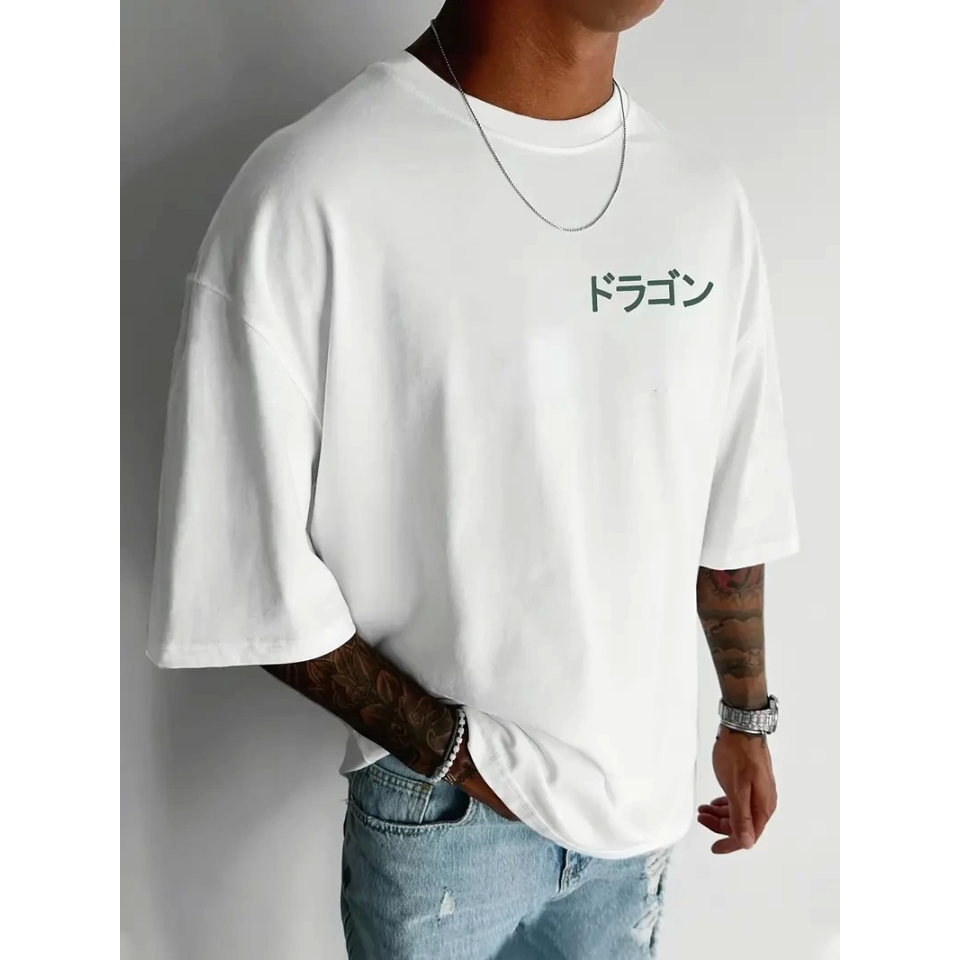 Baskılı Oversize Bisiklet Yaka T-shirt - Beyaz