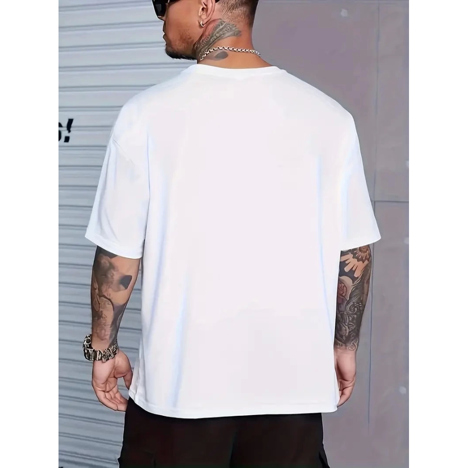 Baskılı Oversize Bisiklet Yaka T-shirt - Beyaz
