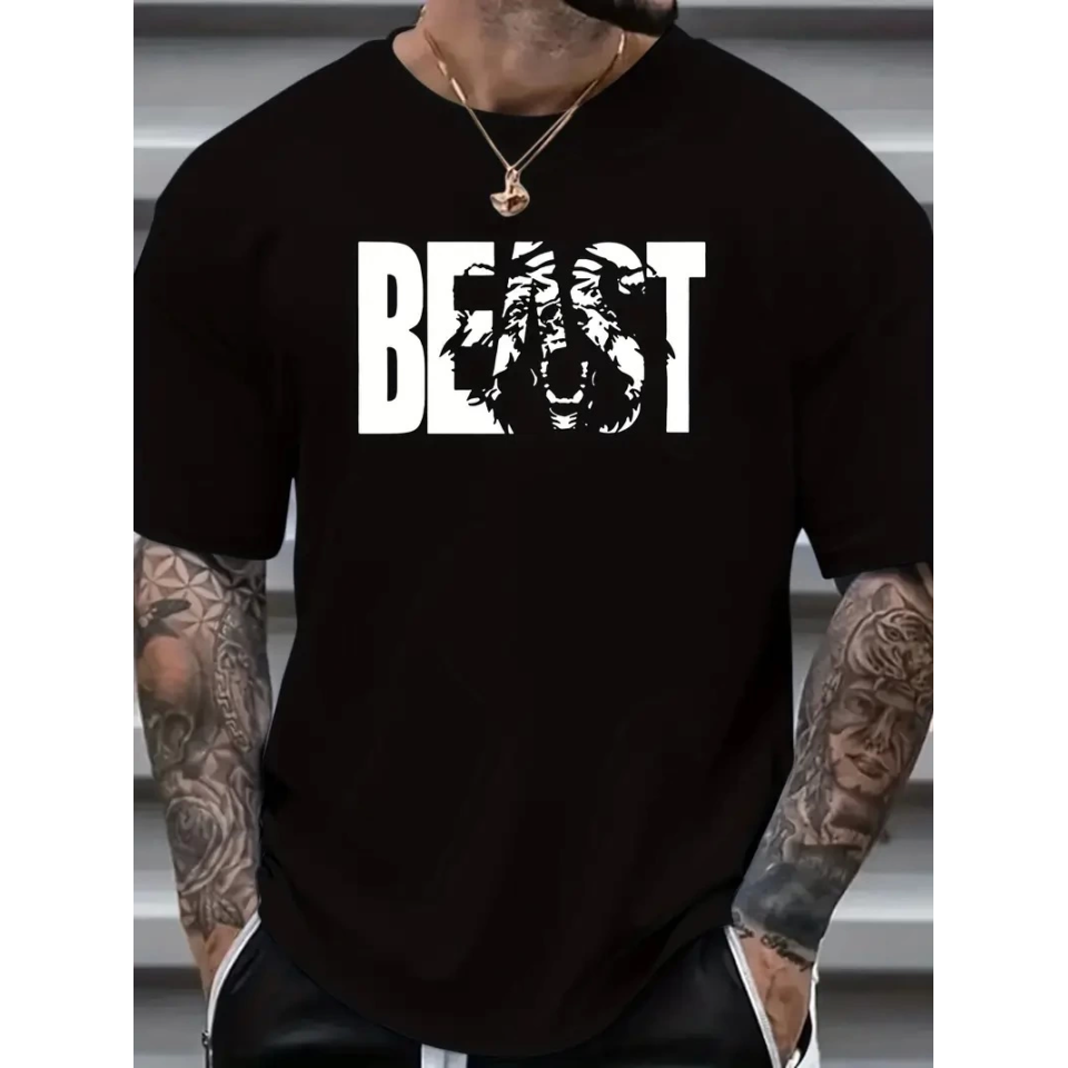 Baskılı Oversize Bisiklet Yaka T-shirt - Siyah