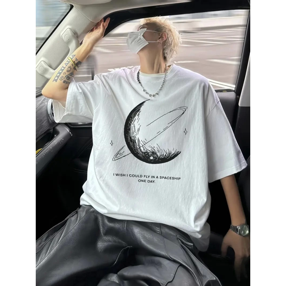 Baskılı Oversize Bisiklet Yaka T-shirt - Beyaz