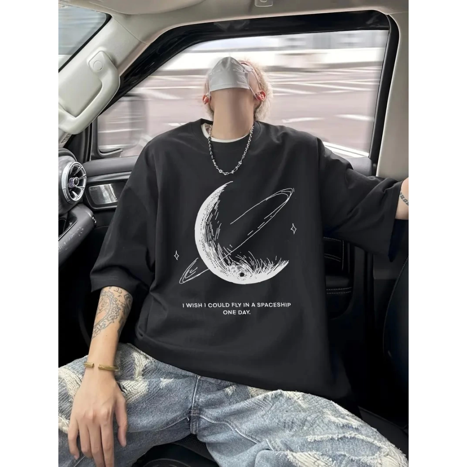 Baskılı Oversize Bisiklet Yaka T-shirt - Siyah