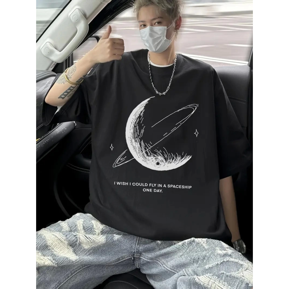 Baskılı Oversize Bisiklet Yaka T-shirt - Siyah