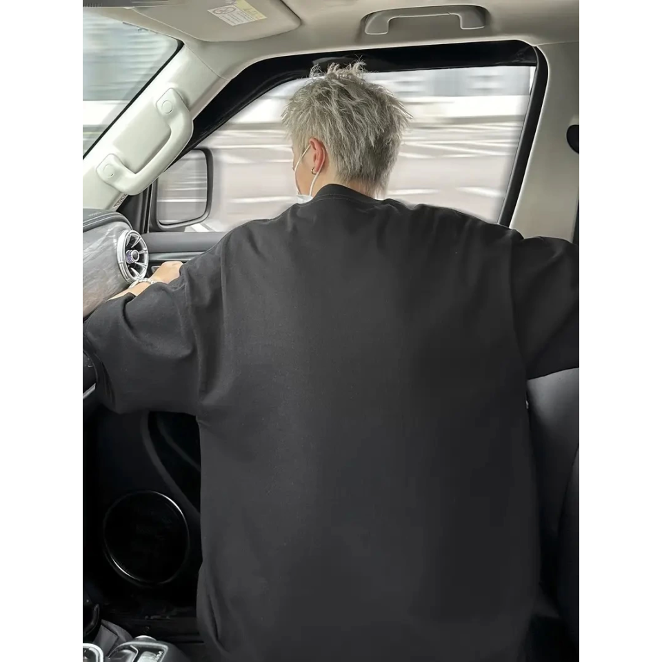 Baskılı Oversize Bisiklet Yaka T-shirt - Siyah