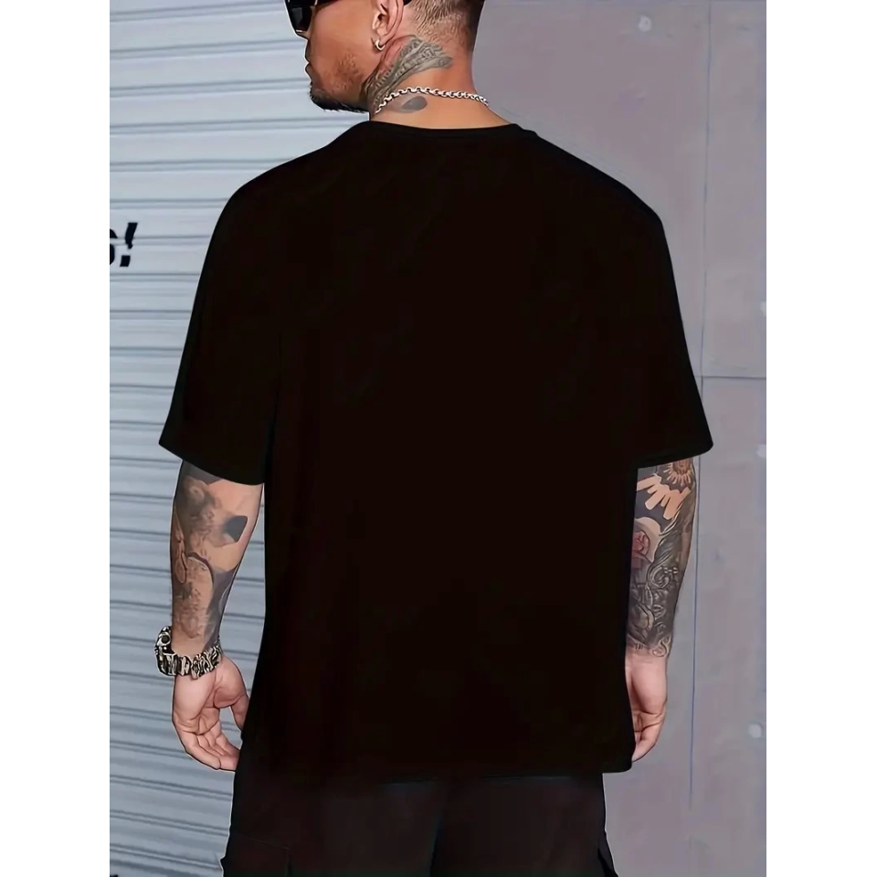 Baskılı Oversize Bisiklet Yaka T-shirt - Siyah