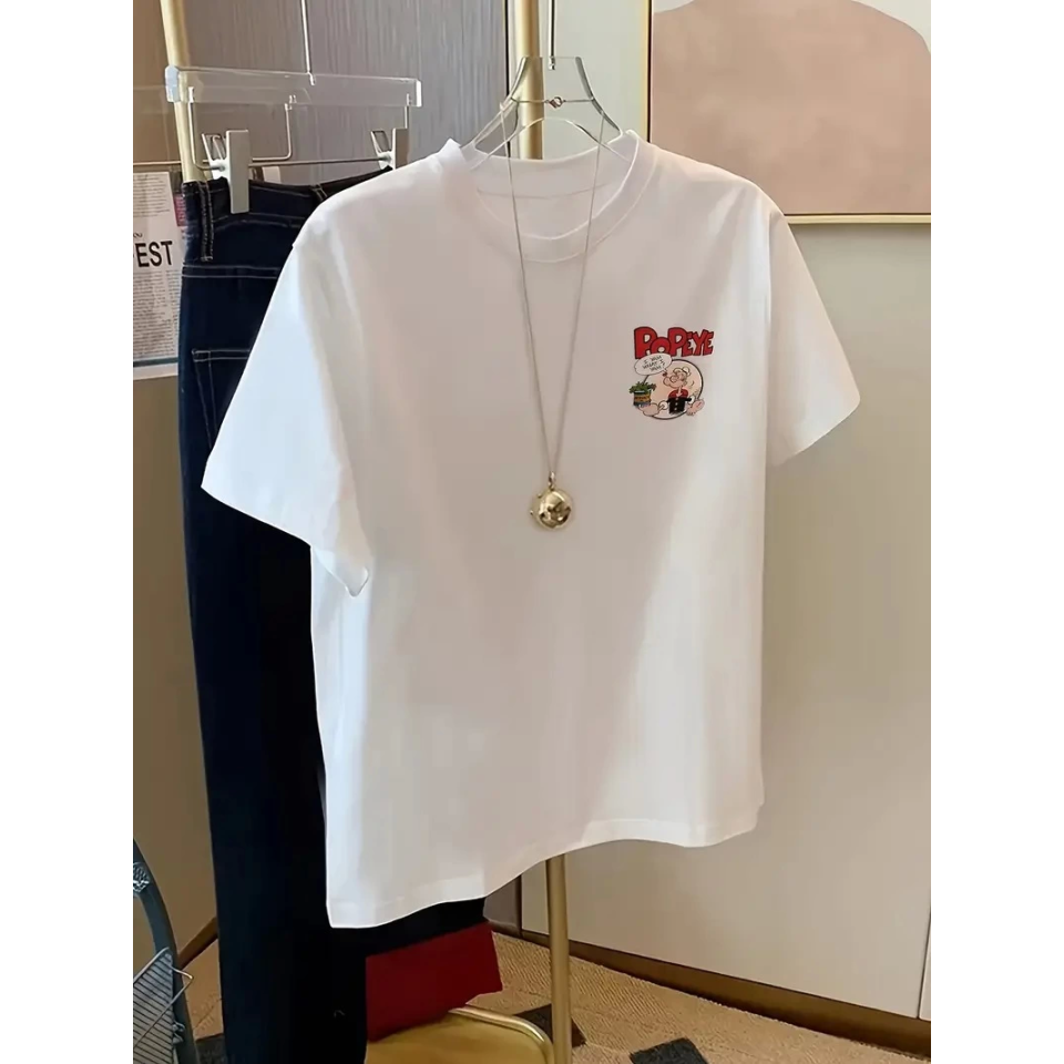 Baskılı Oversize Bisiklet Yaka T-shirt - Beyaz