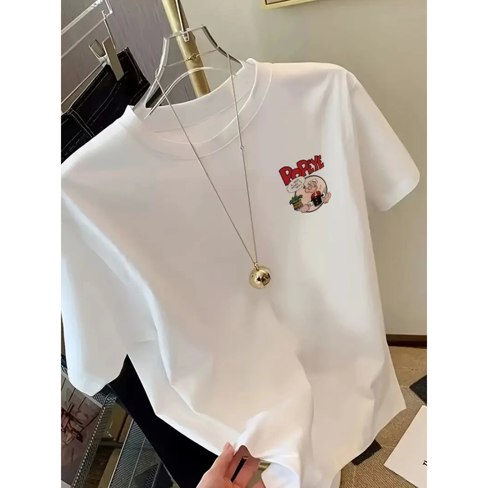 Baskılı Oversize Bisiklet Yaka T-shirt - Beyaz