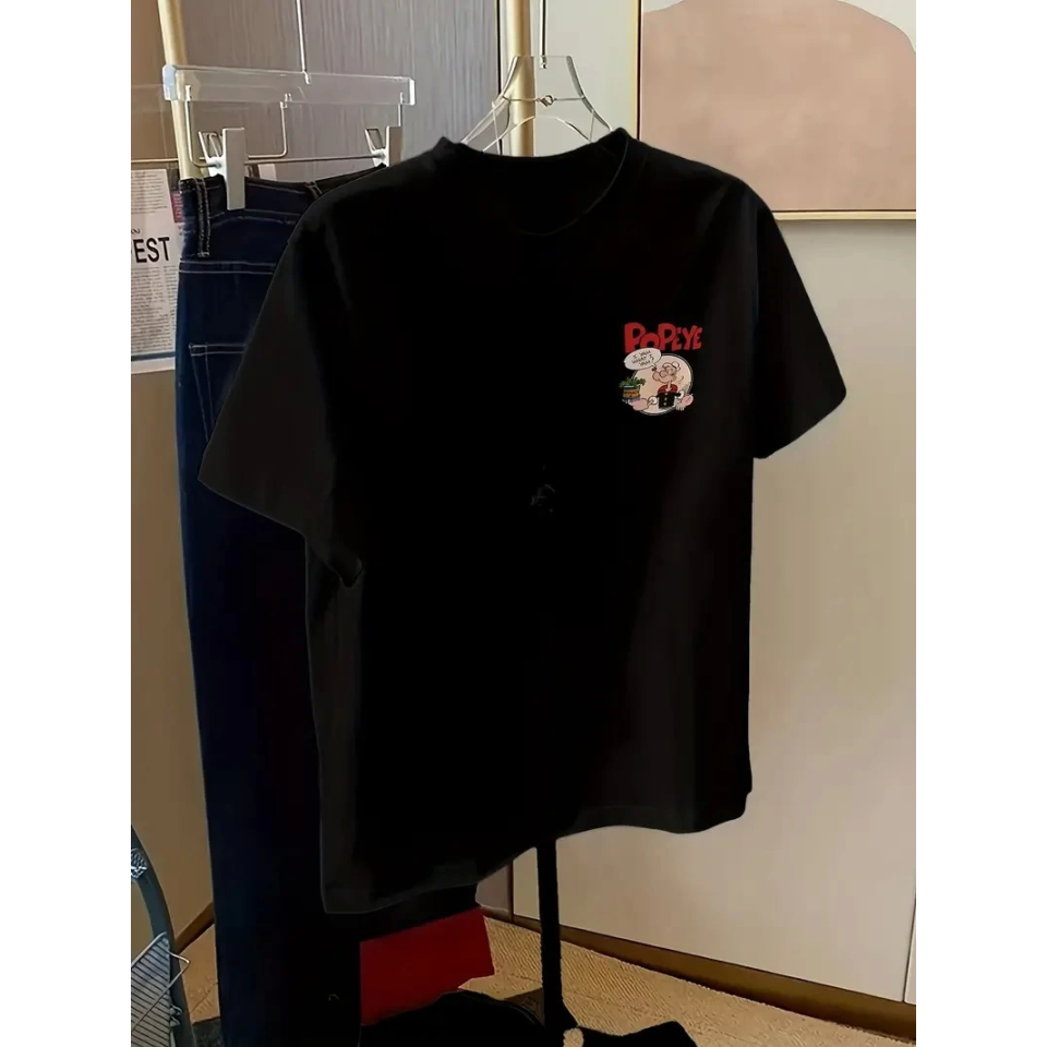 Baskılı Oversize Bisiklet Yaka T-shirt - Siyah