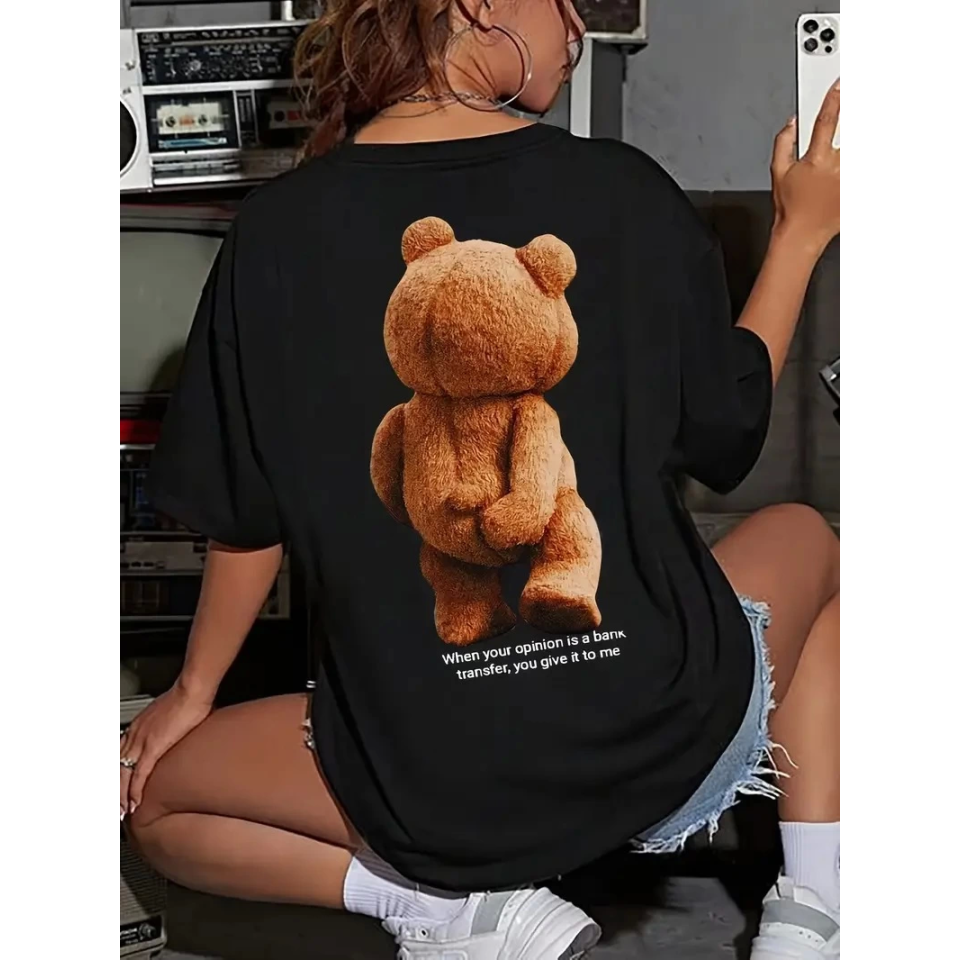 Baskılı Oversize Bisiklet Yaka T-shirt - Siyah