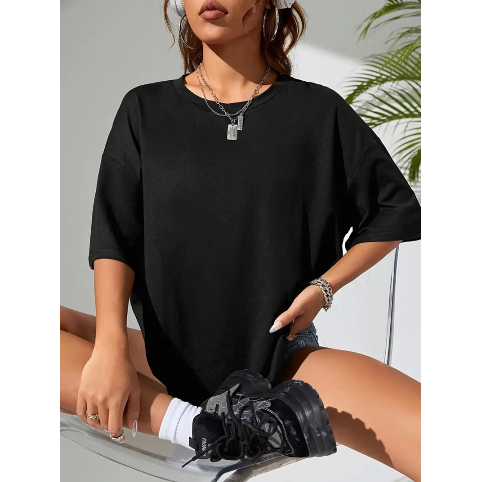 Baskılı Oversize Bisiklet Yaka T-shirt - Siyah