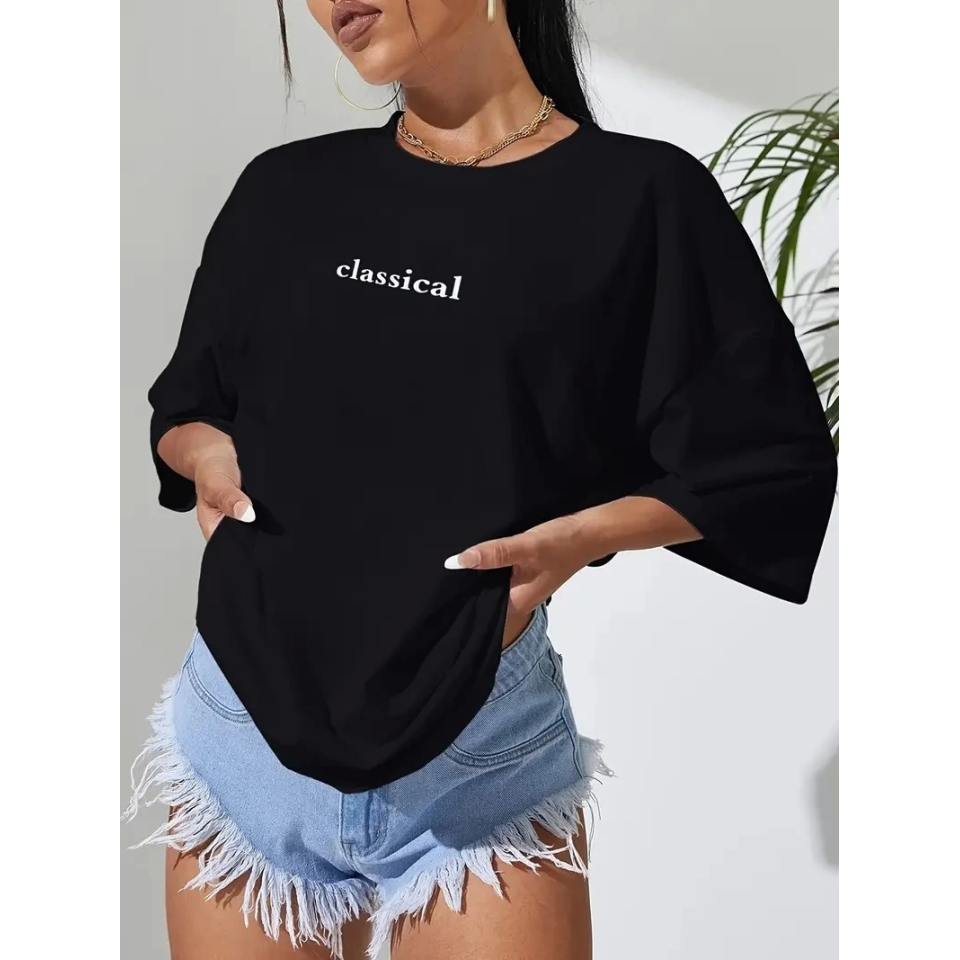 Baskılı Oversize Bisiklet Yaka T-shirt - Siyah