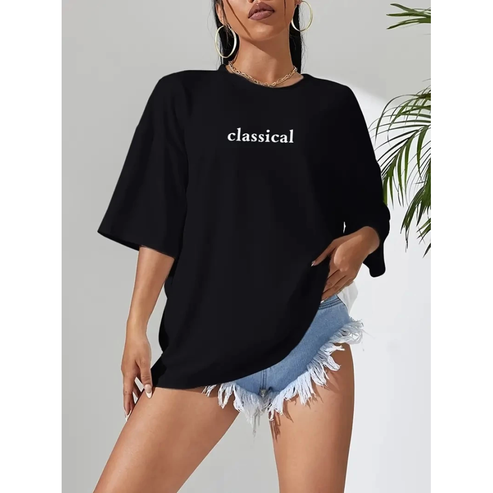 Baskılı Oversize Bisiklet Yaka T-shirt - Siyah
