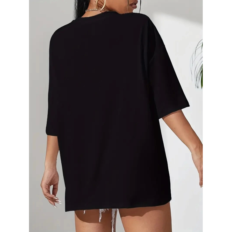 Baskılı Oversize Bisiklet Yaka T-shirt - Siyah