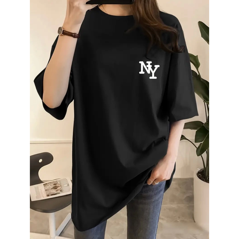 Baskılı Oversize Bisiklet Yaka T-shirt - Siyah