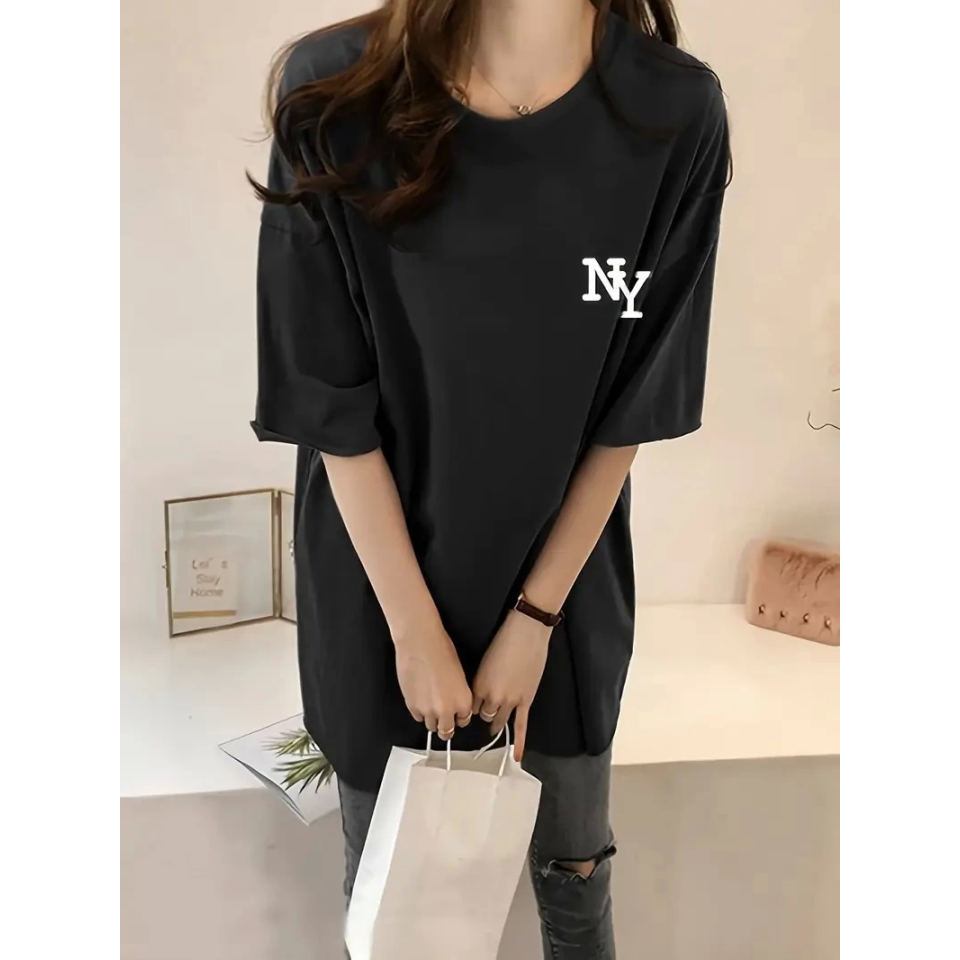 Baskılı Oversize Bisiklet Yaka T-shirt - Siyah