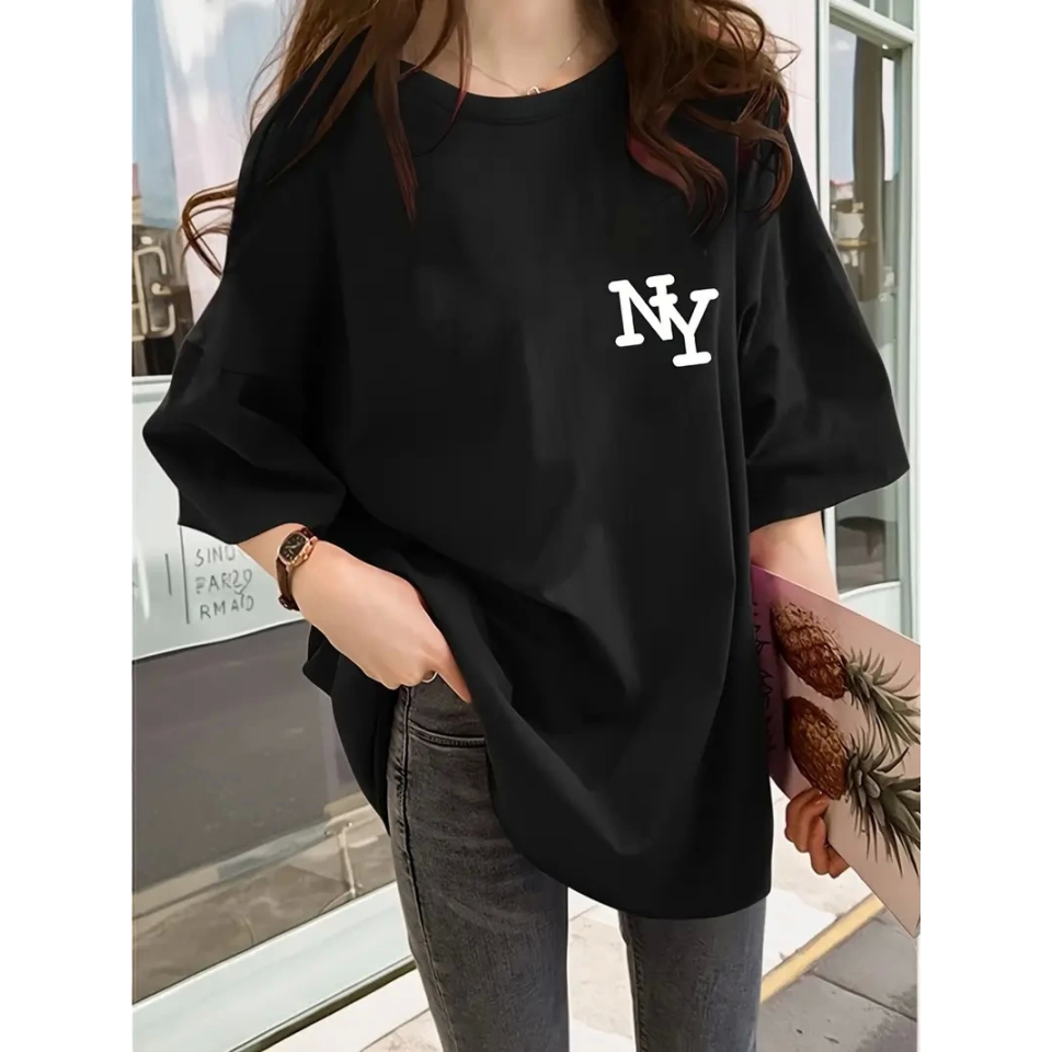 Baskılı Oversize Bisiklet Yaka T-shirt - Siyah