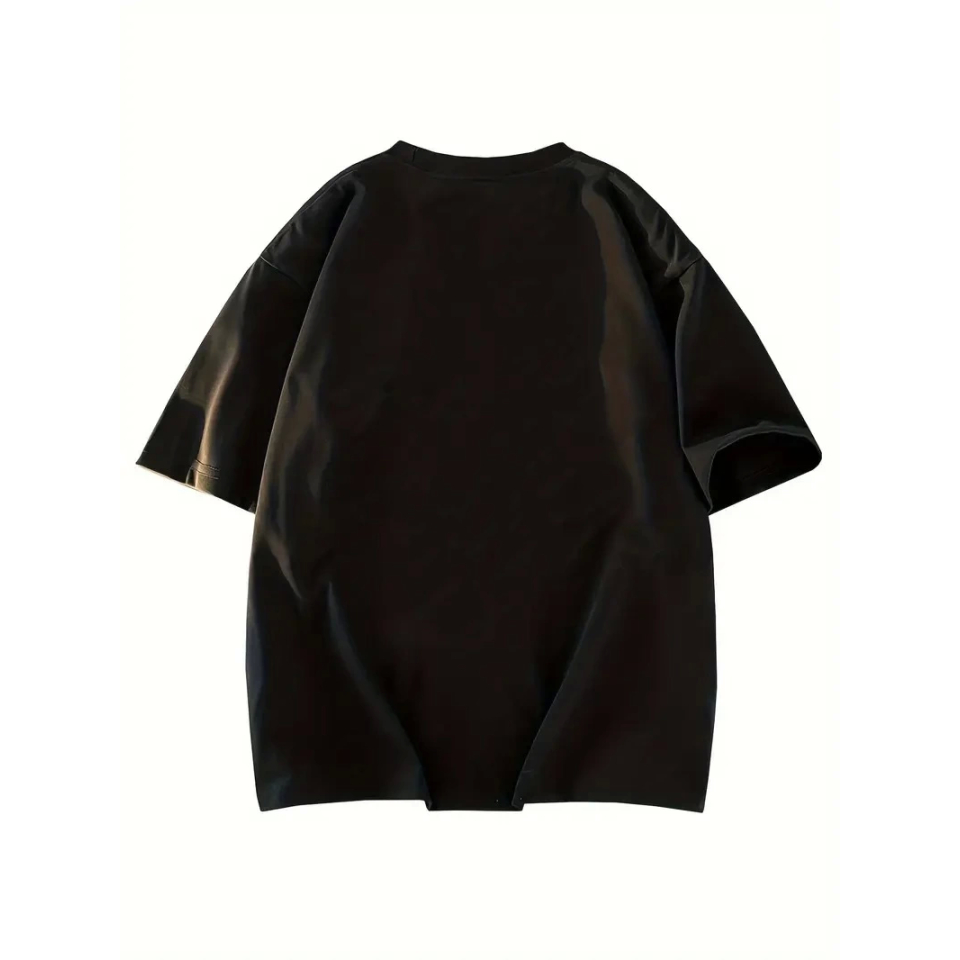 Baskılı Oversize Bisiklet Yaka T-shirt - Siyah