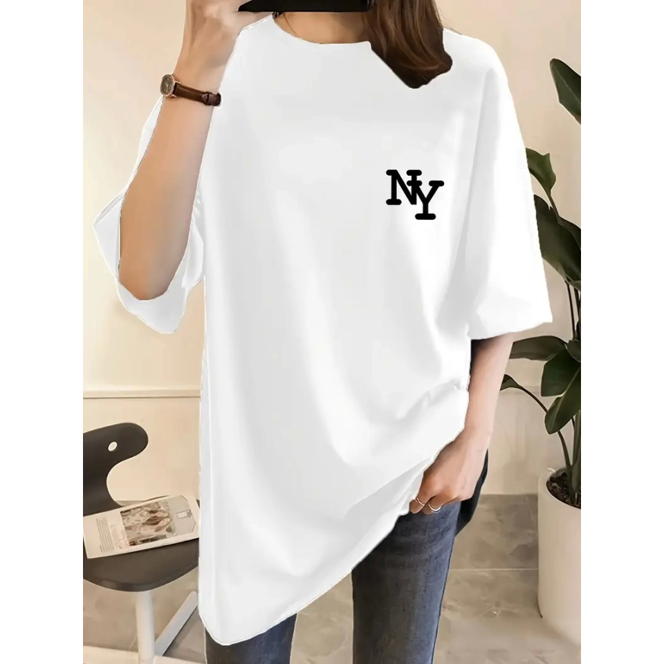 Baskılı Oversize Bisiklet Yaka T-shirt - Beyaz