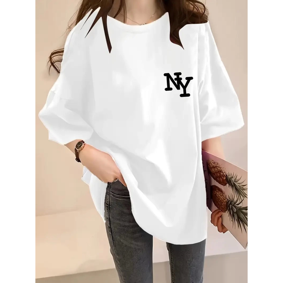 Baskılı Oversize Bisiklet Yaka T-shirt - Beyaz