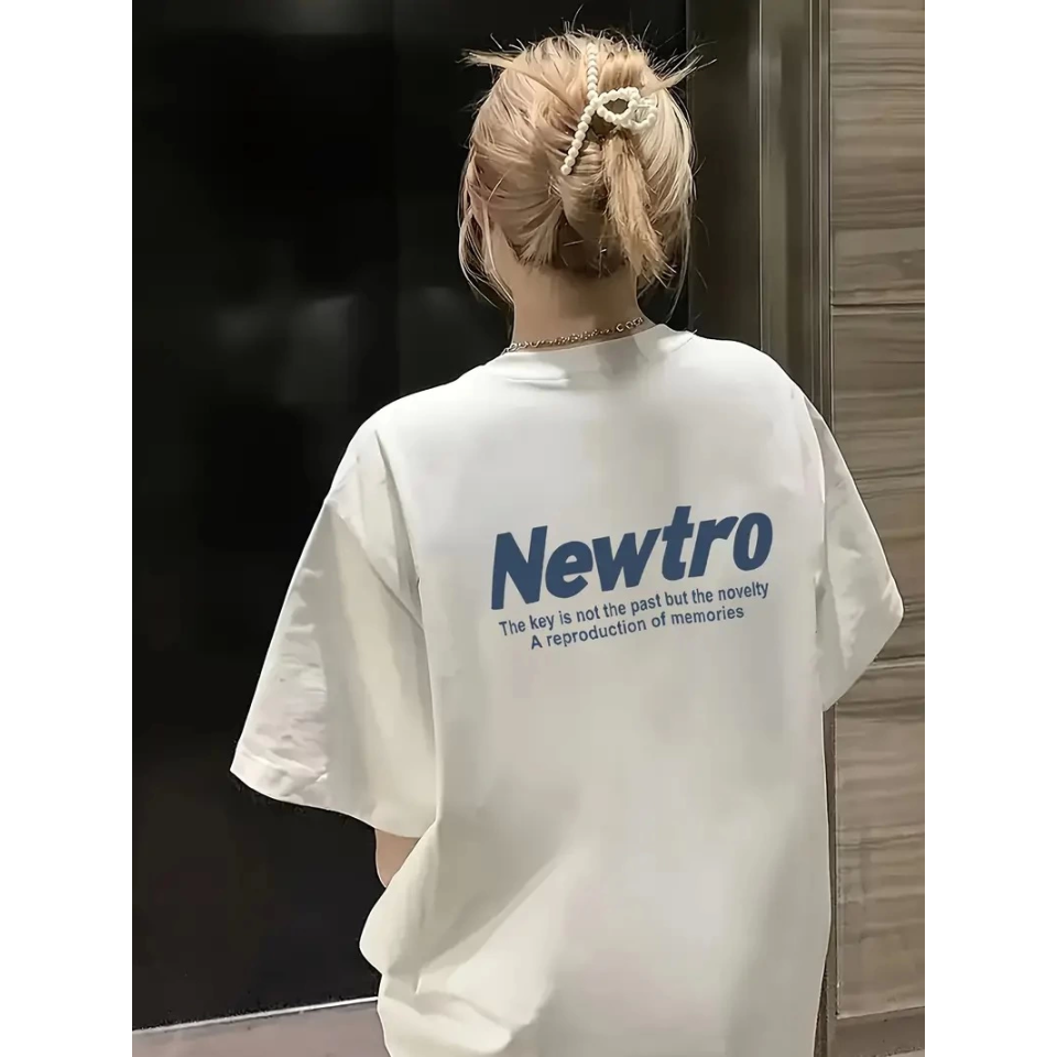 Baskılı Oversize Bisiklet Yaka T-shirt - Beyaz