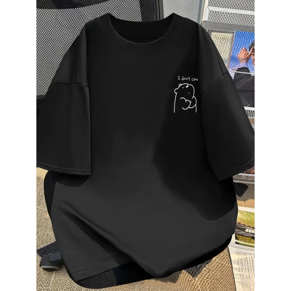 Baskılı Oversize Bisiklet Yaka T-shirt - Siyah