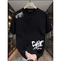 Baskılı Oversize Bisiklet Yaka T-shirt - Siyah