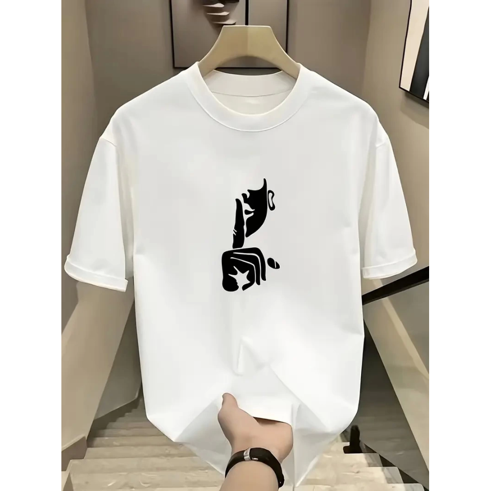 Rahat Bisiklet Yaka Tişört, Yaratıcı Karikatür Baskı - Yumuşak Polyester, Her Mevsim Giyilebilir- Beyaz