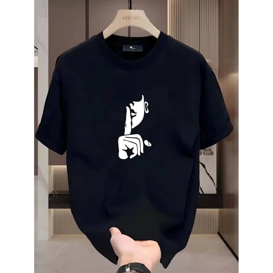Rahat Bisiklet Yaka Tişört, Yaratıcı Karikatür Baskı - Yumuşak Polyester, Her Mevsim Giyilebilir- Siyah