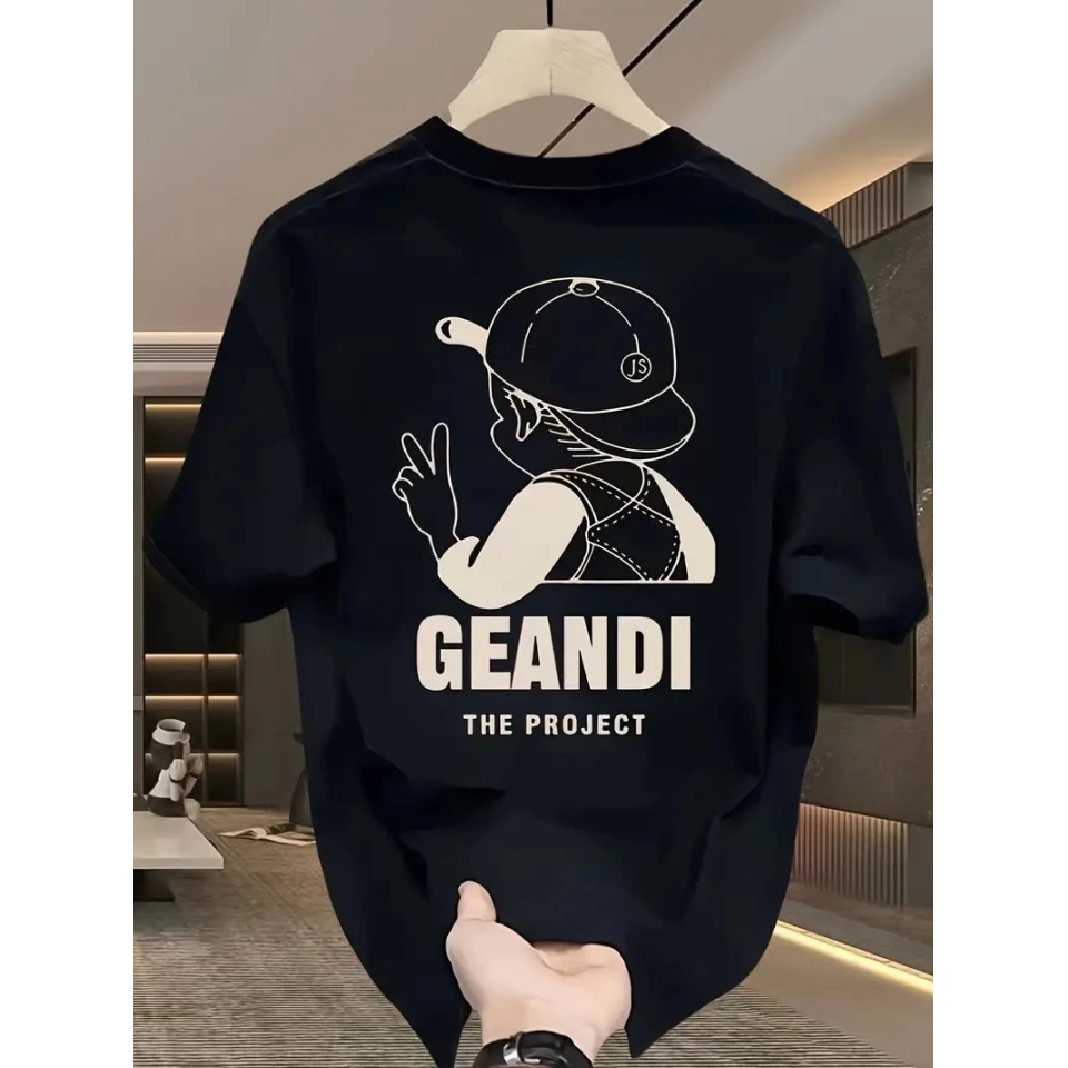 Geniş Kesim Pamuklu Tişört - GANDHI The Project Baskılı, Siyah, Rahat Kesim, Kısa Kollu, Günlük Kıyafet, Her Gün Giyilebilecek Tişört- Siyah