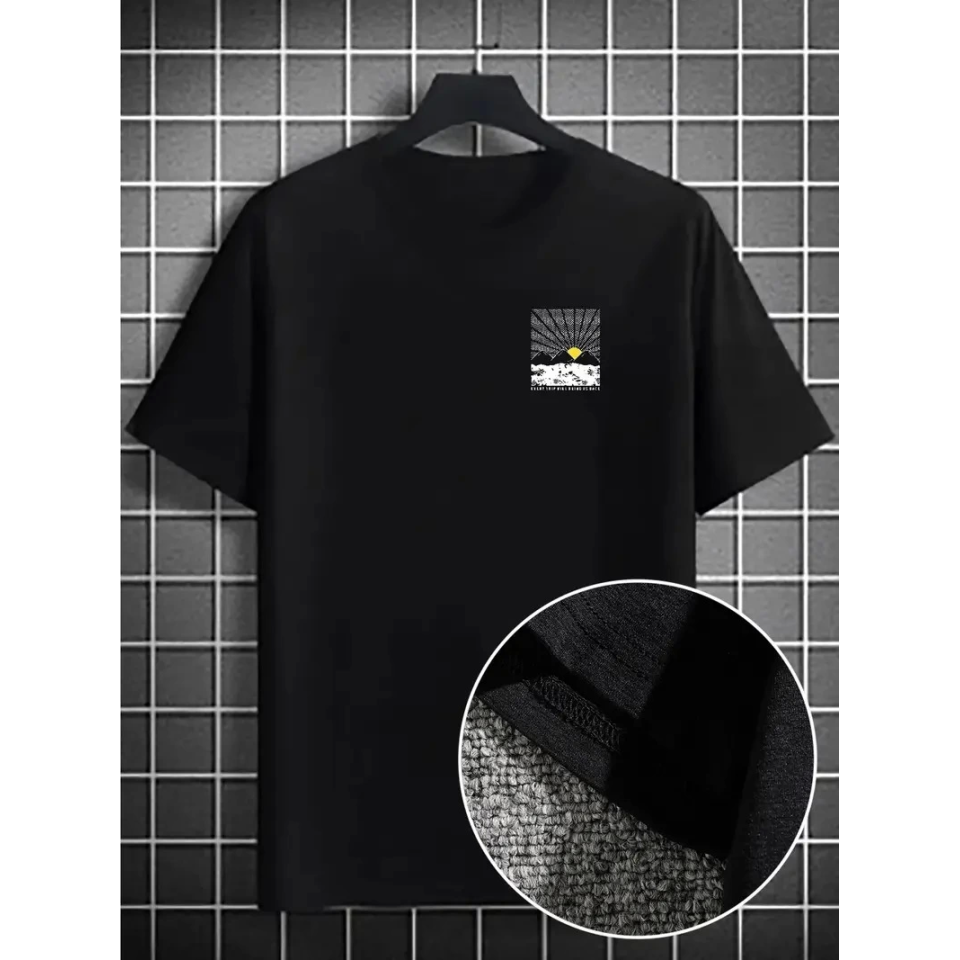 Erkek Dağ Grafikli Tişört, Yaz Için Büyük Beden Rahat T-shirt - Siyah