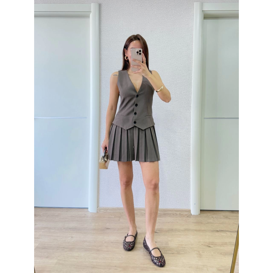 Takım Görünümlu Yelekli Mini Elbise- Füme