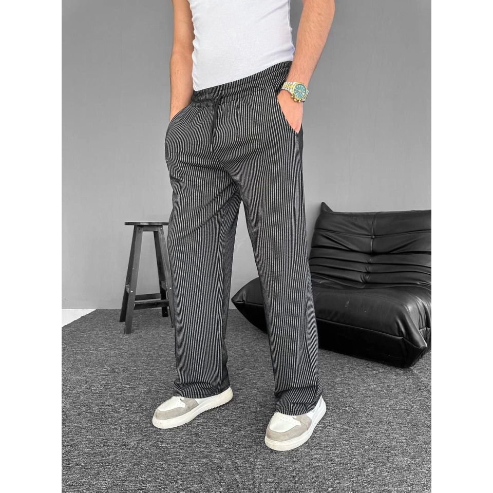 Su Yolu Çizgili Cepli Pantalon - Siyah