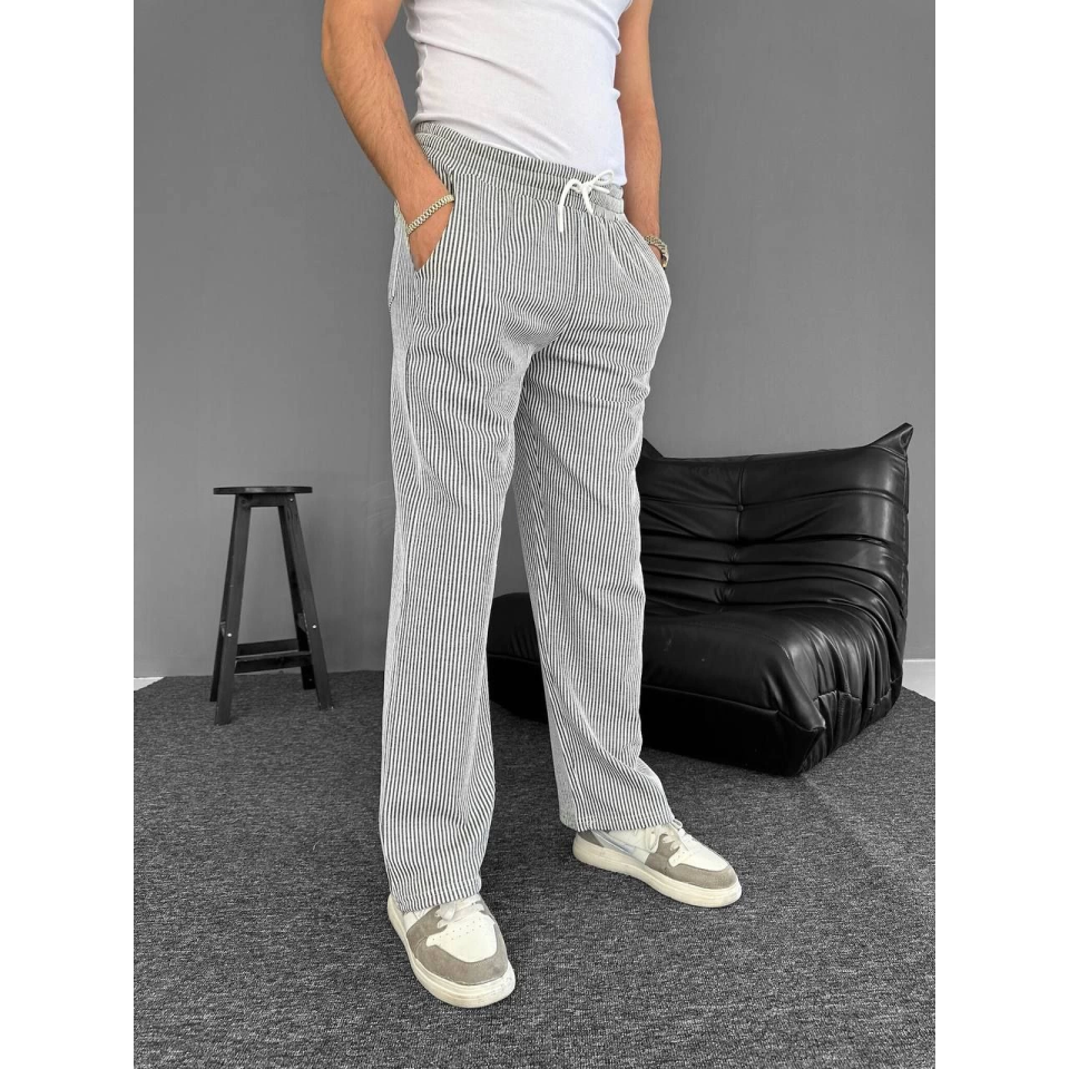Su Yolu Çizgili Cepli Pantalon - Gri