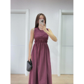 Kolsuz Göğüs Lastıklı Uzun Elbise - Bordo