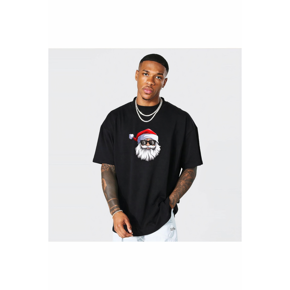 Gözlüklü Noel Baba T-shirt - Siyah