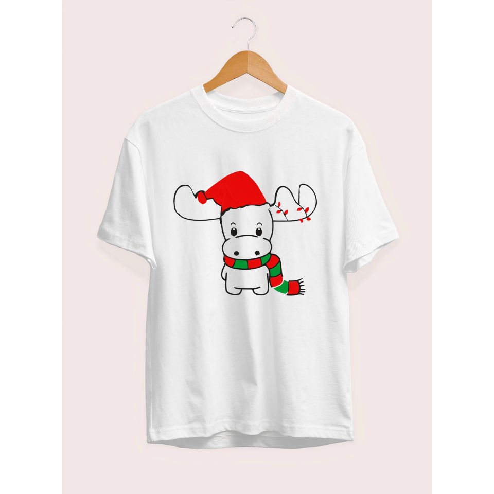 Ren Geyiği Baskılı Noel İçin T-shirt - Beyaz