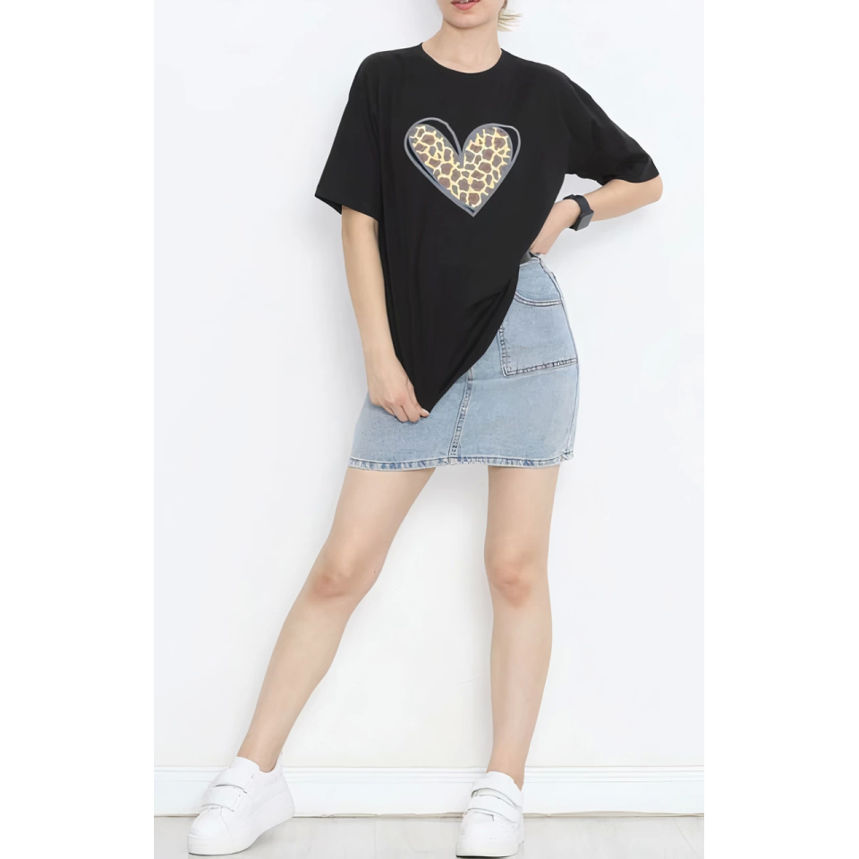 Sevgililer Günü İçin Özel Tasarım Leopar Kalp Baskılı T-shirt - Siyah