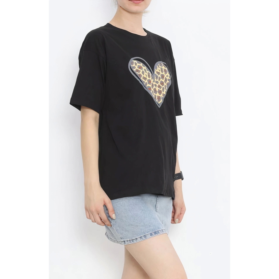 Sevgililer Günü İçin Özel Tasarım Leopar Kalp Baskılı T-shirt - Siyah