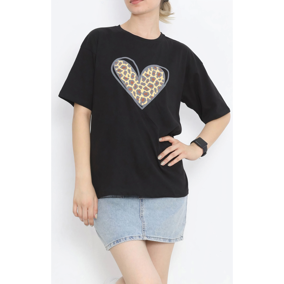 Sevgililer Günü İçin Özel Tasarım Leopar Kalp Baskılı T-shirt - Siyah