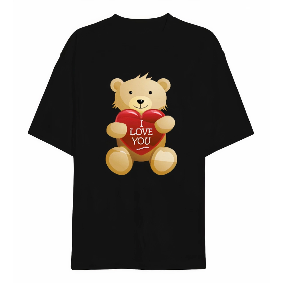 Sevgililer Günü İçin Özel Tasarım I Love You Ayı Baskılı T-shirt - Siyah