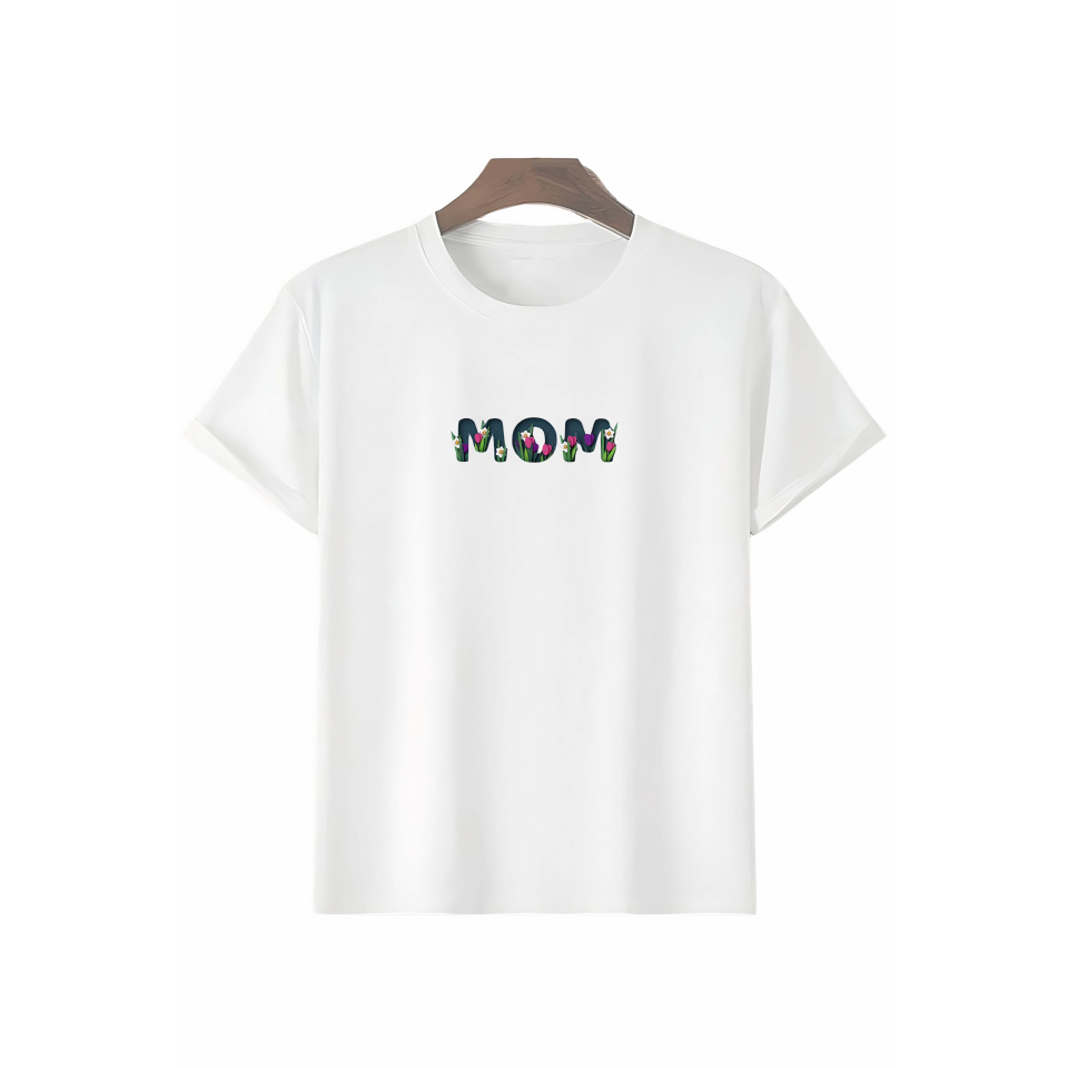 Anneler Gününe Özel Tasarım Mom Çiçek Baskılı T-shirt - Beyaz