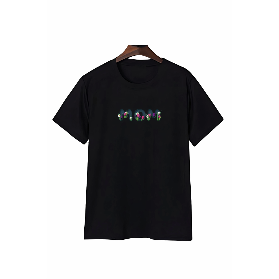 Anneler Gününe Özel Tasarım Mom Çiçek Baskılı T-shirt - Siyah