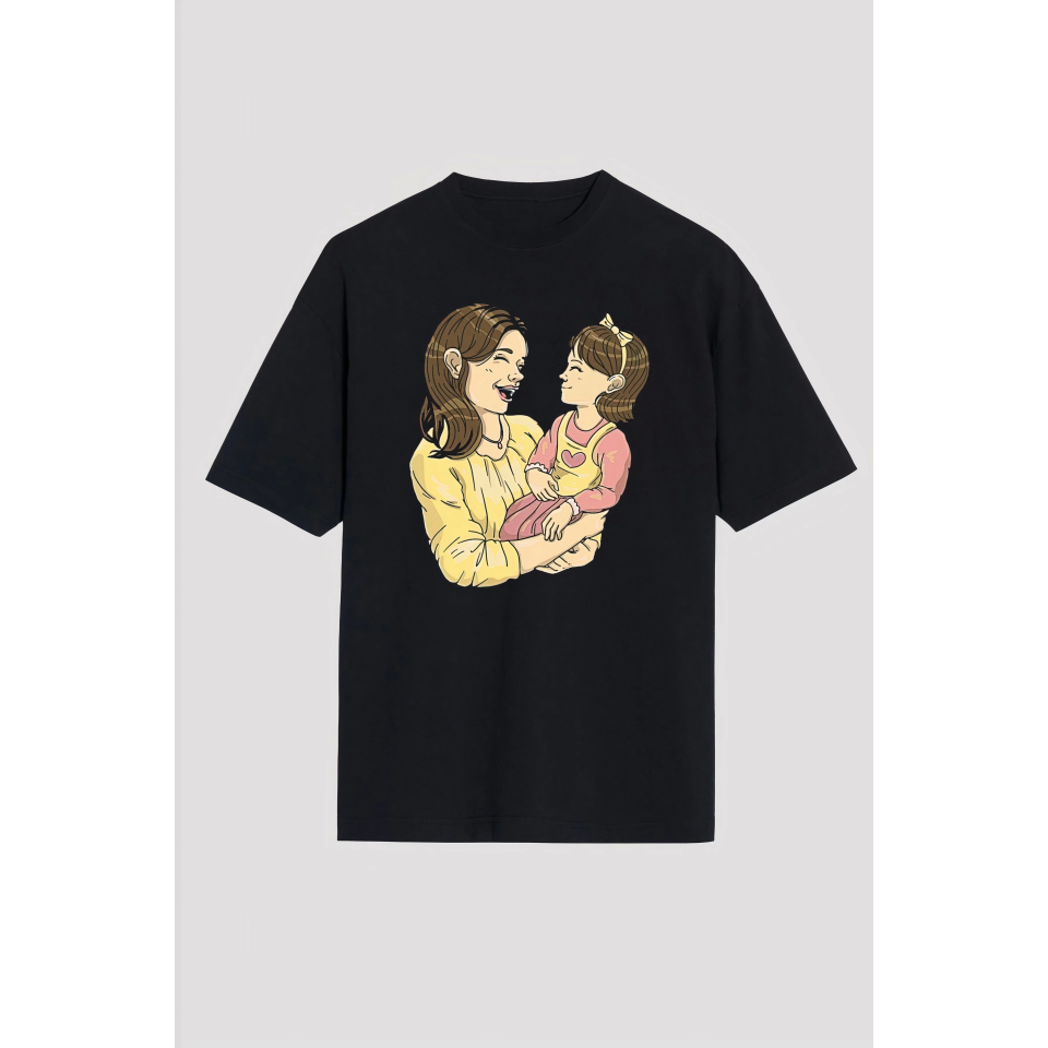 Anneler Gününe Özel Tasarım Anne Kız Baskılı T-shirt - Siyah