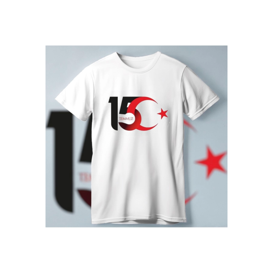 15 Temmuza Özel Tasarım Ay Yıldız Baskılı T-shirt - Beyaz