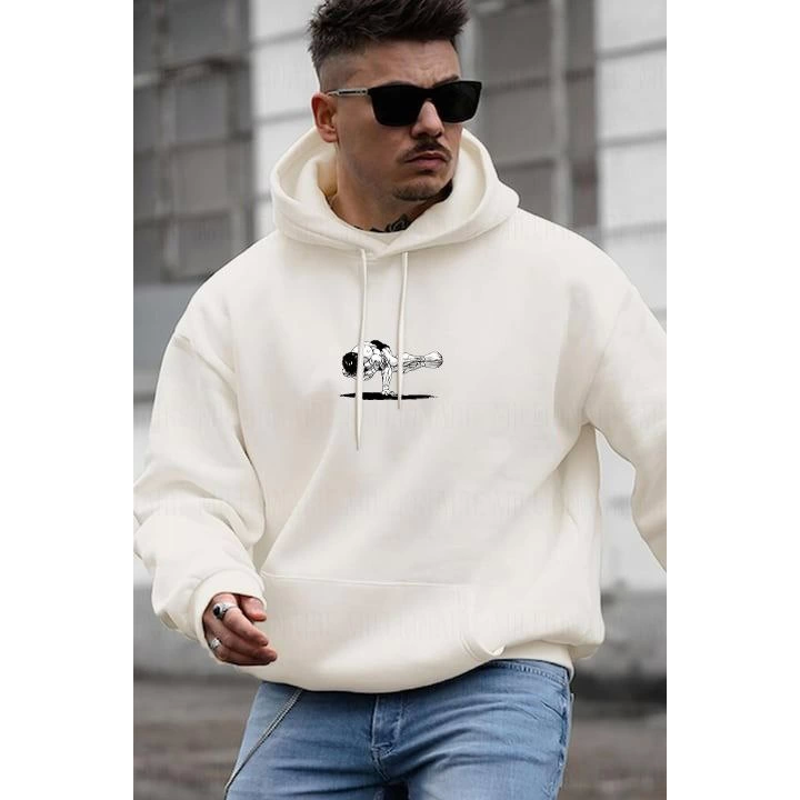 Erkek Baskılı Kapüşonlu Ve Kordon İpli Sweat - Beyaz