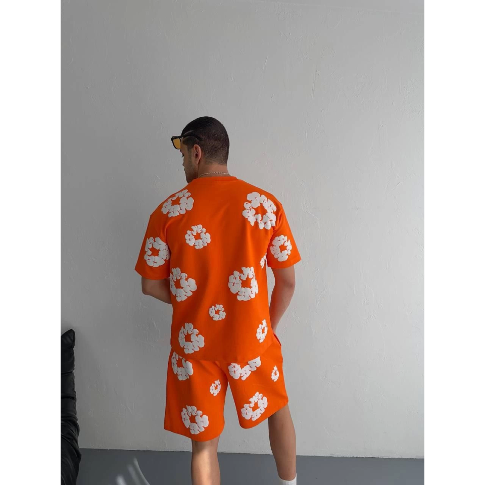 İki İplik Kumaş Baskılı T-shirt Şortlu Takım- Turuncu